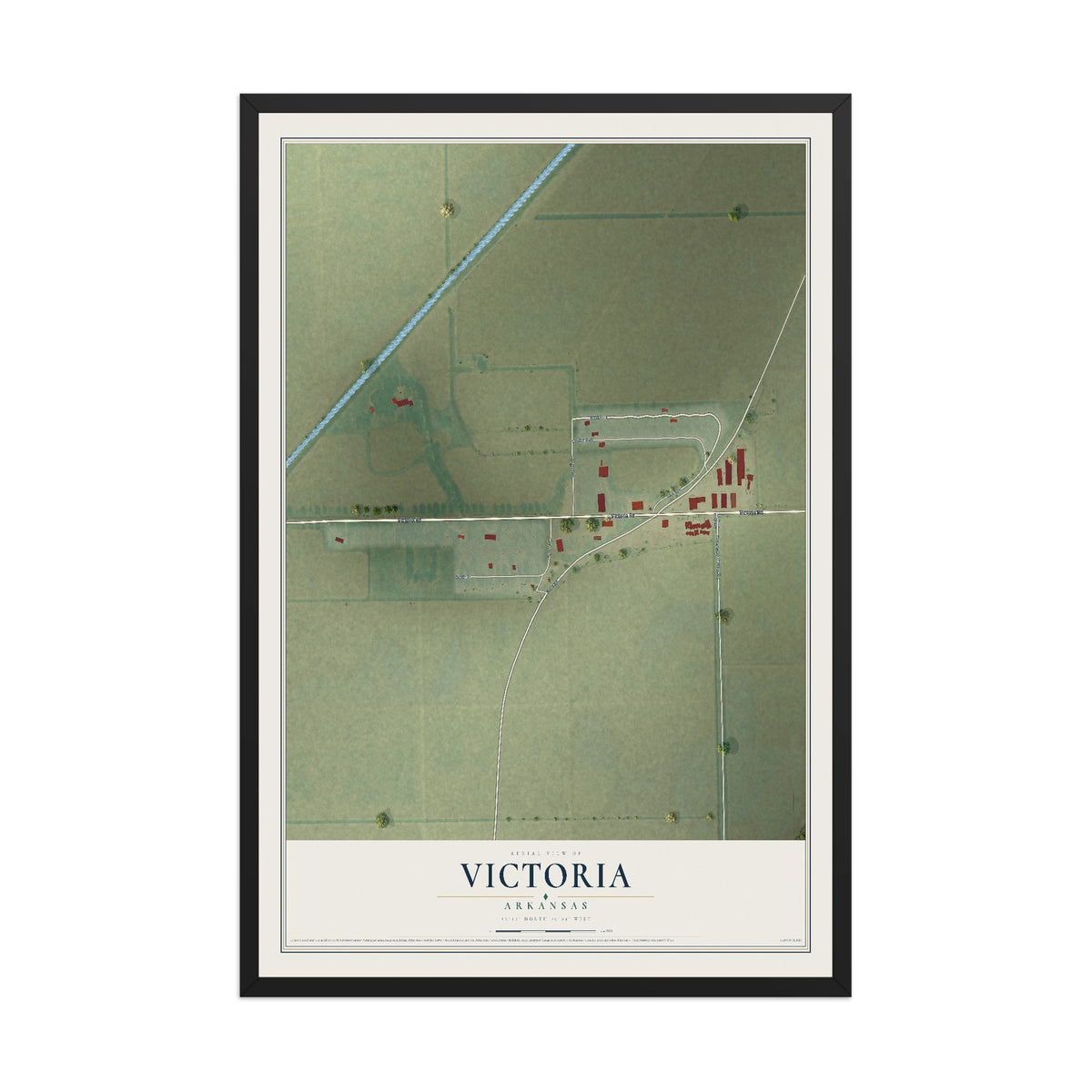 Map of Victoria, Arkansas, 12 x 18 inch print in a black wood frame