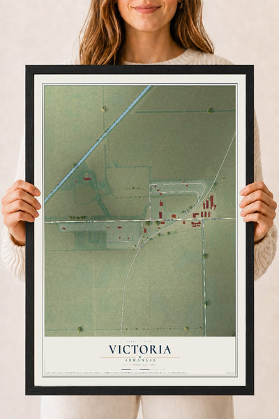 Map of Victoria, Arkansas, 18 x 24 inch print in a black wood frame