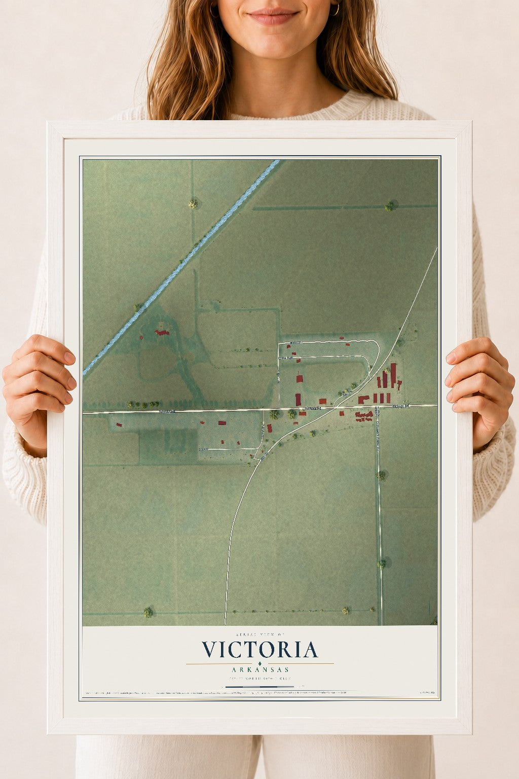 Map of Victoria, Arkansas, 18 x 24 inch print in a white wood frame