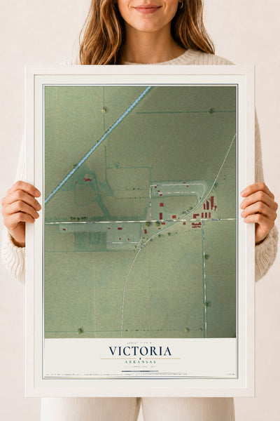 Map of Victoria, Arkansas, 18 x 24 inch print in a white wood frame