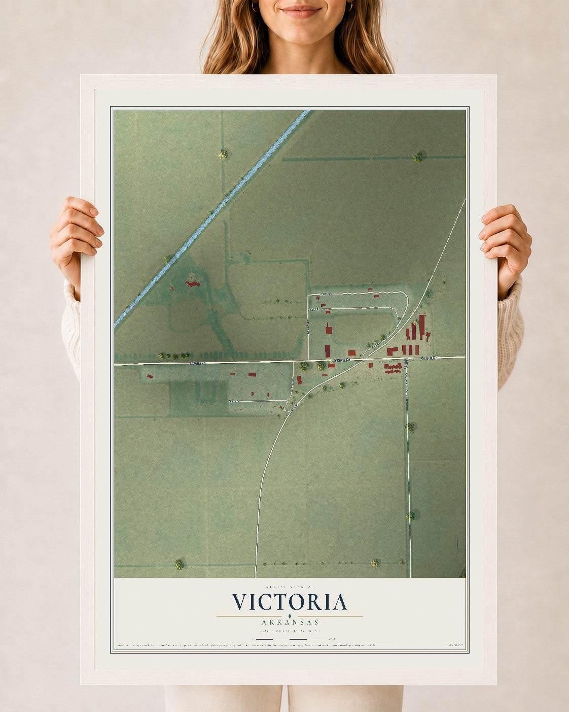 Map of Victoria, Arkansas, 24 x 36 inch print in a white wood frame