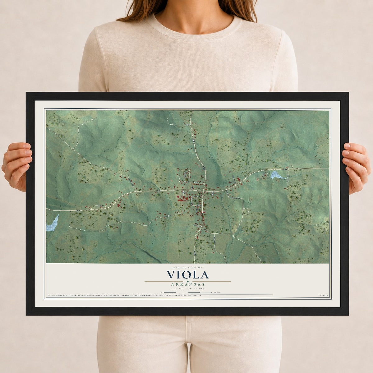 Map of Viola, Arkansas, 12 x 18 inch print in a black wood frame