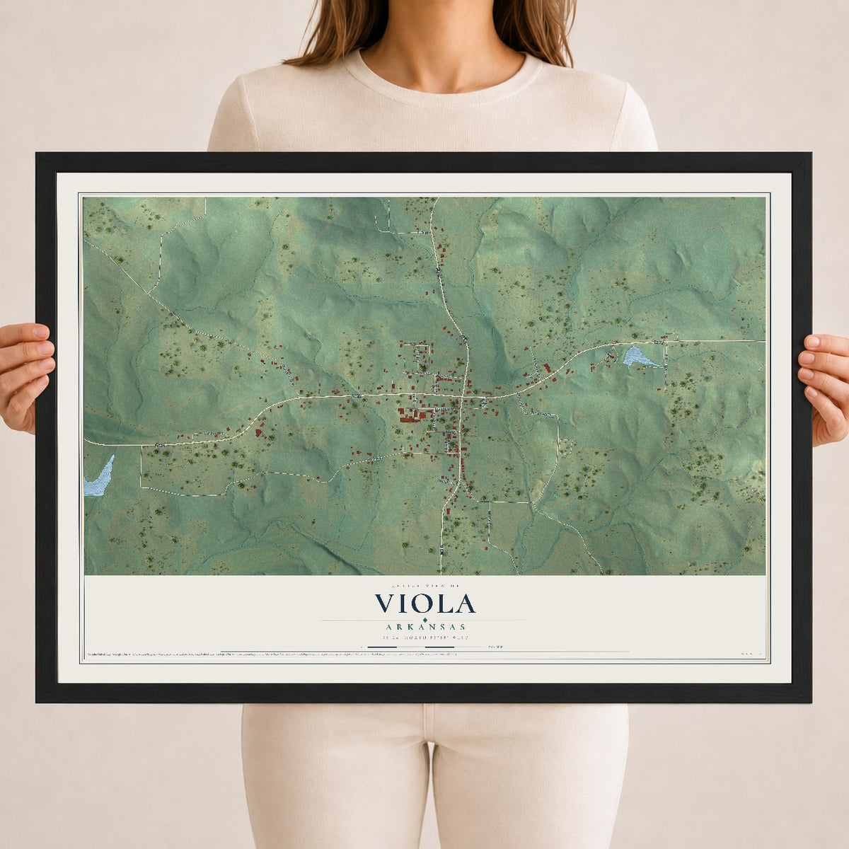 Map of Viola, Arkansas, 18 x 24 inch print in a black wood frame