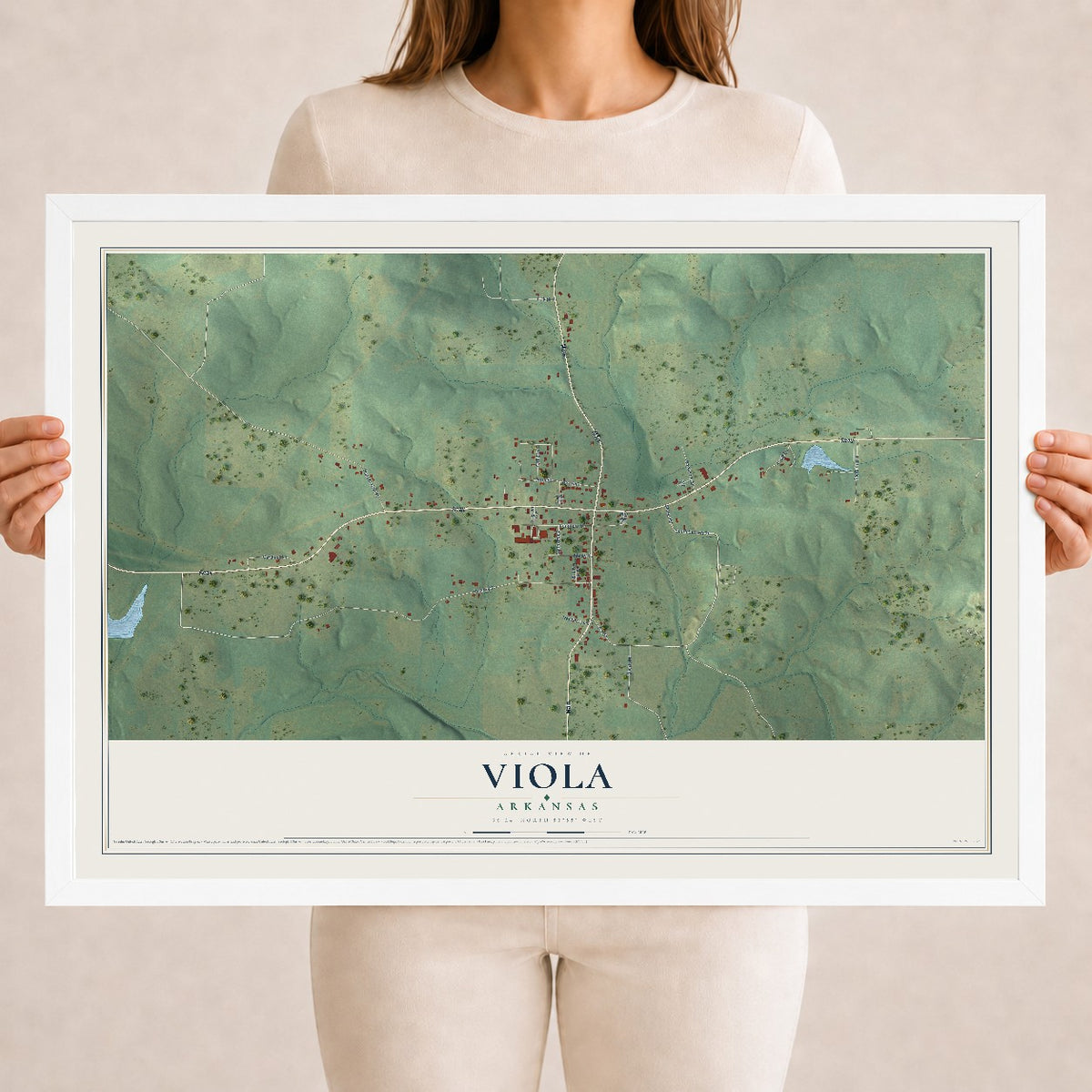 Map of Viola, Arkansas, 18 x 24 inch print in a white wood frame