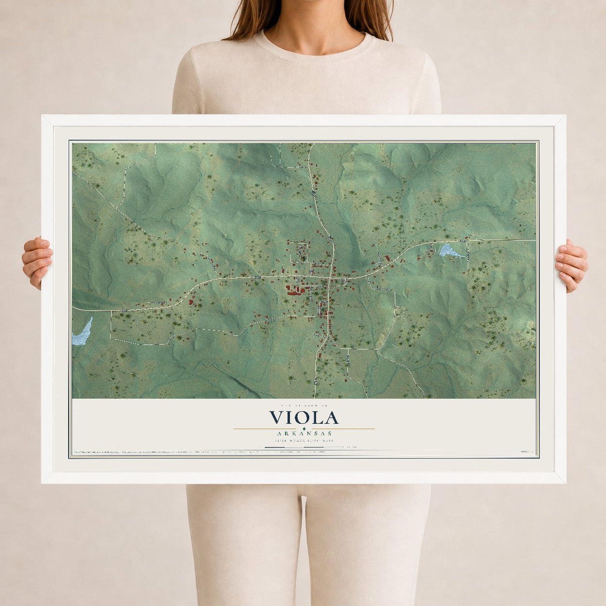 Map of Viola, Arkansas, 24 x 36 inch print in a white wood frame