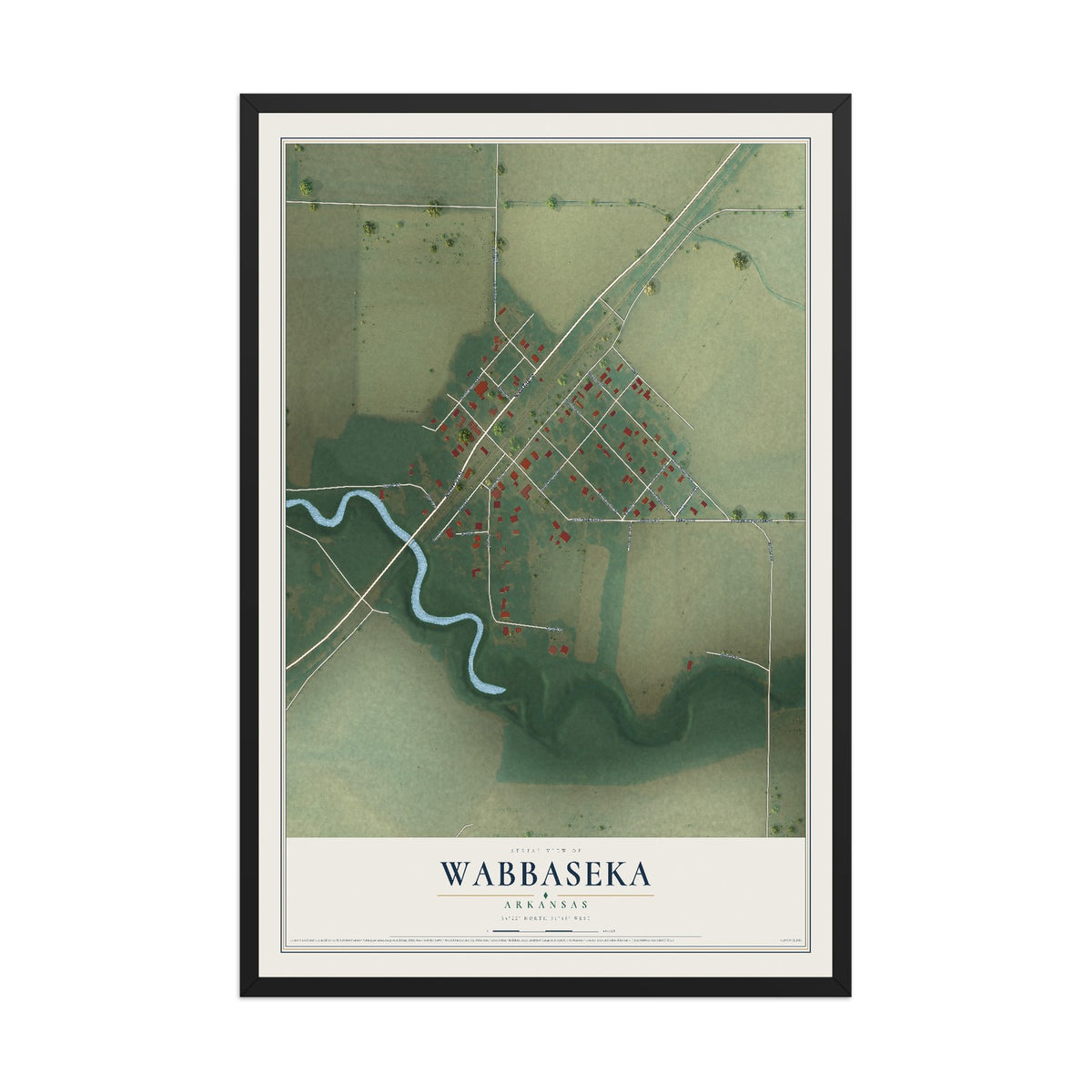 Map of Wabbaseka, Arkansas, 12 x 18 inch print in a black wood frame