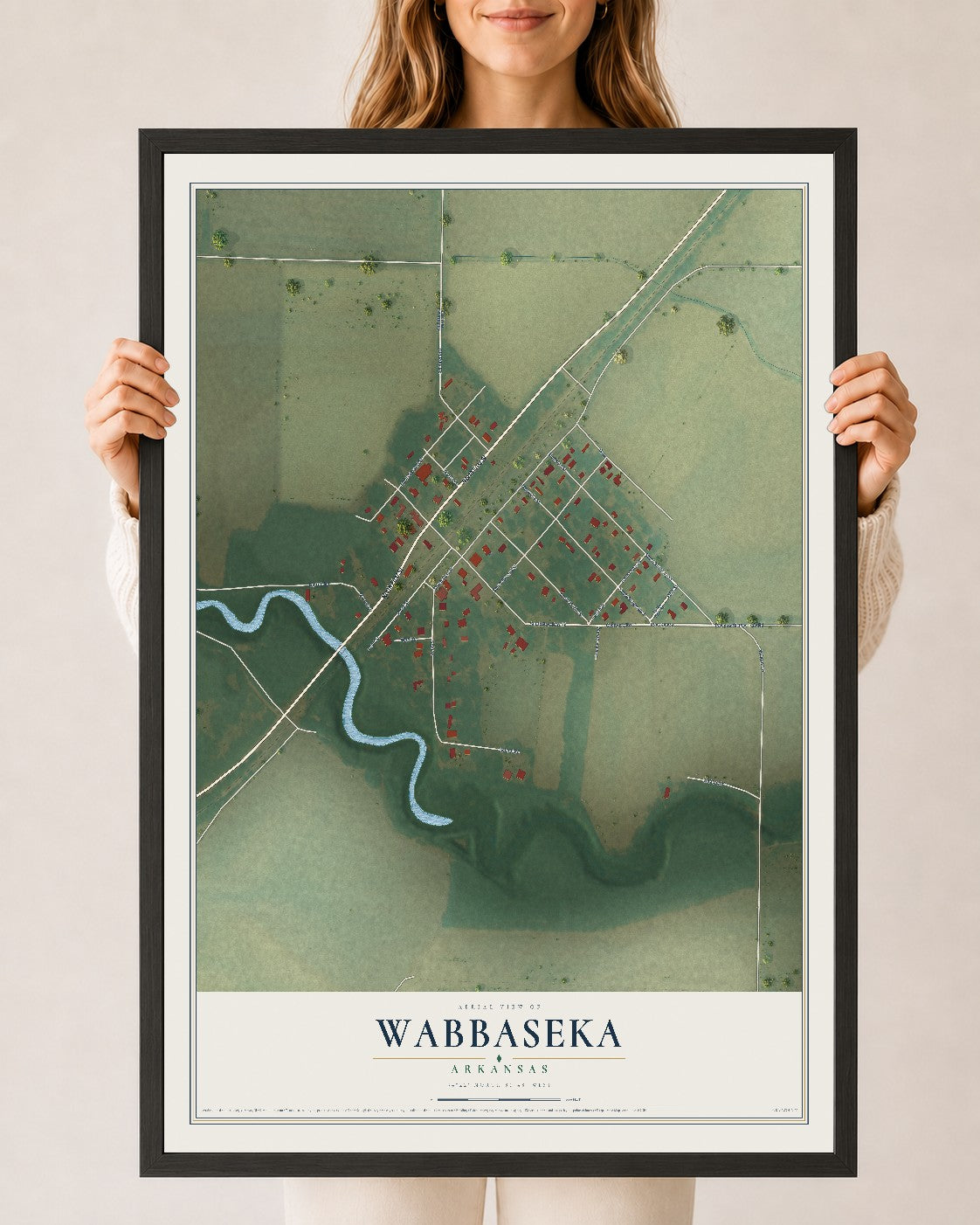 Map of Wabbaseka, Arkansas, 24 x 36 inch print in a black wood frame