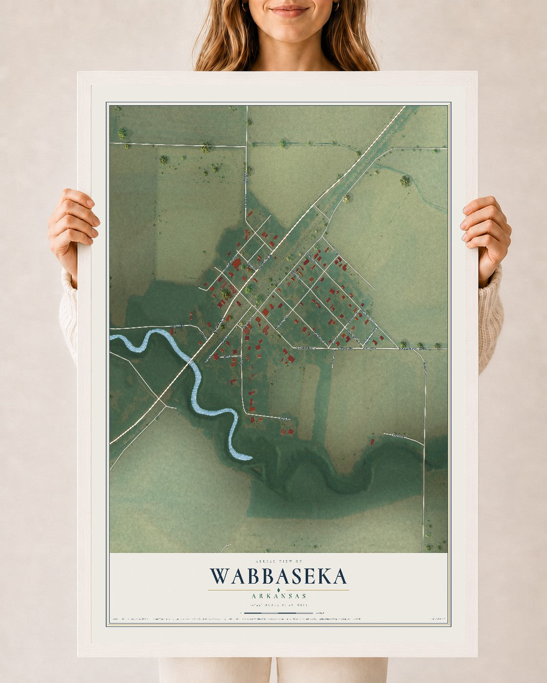 Map of Wabbaseka, Arkansas, 24 x 36 inch print in a white wood frame