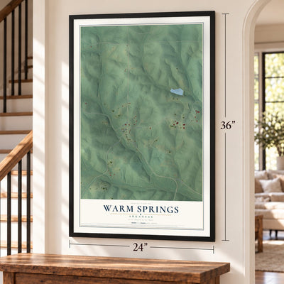 Warm Springs, Arkansas map, 24 x 36 inch print in a black frame by a staircase
