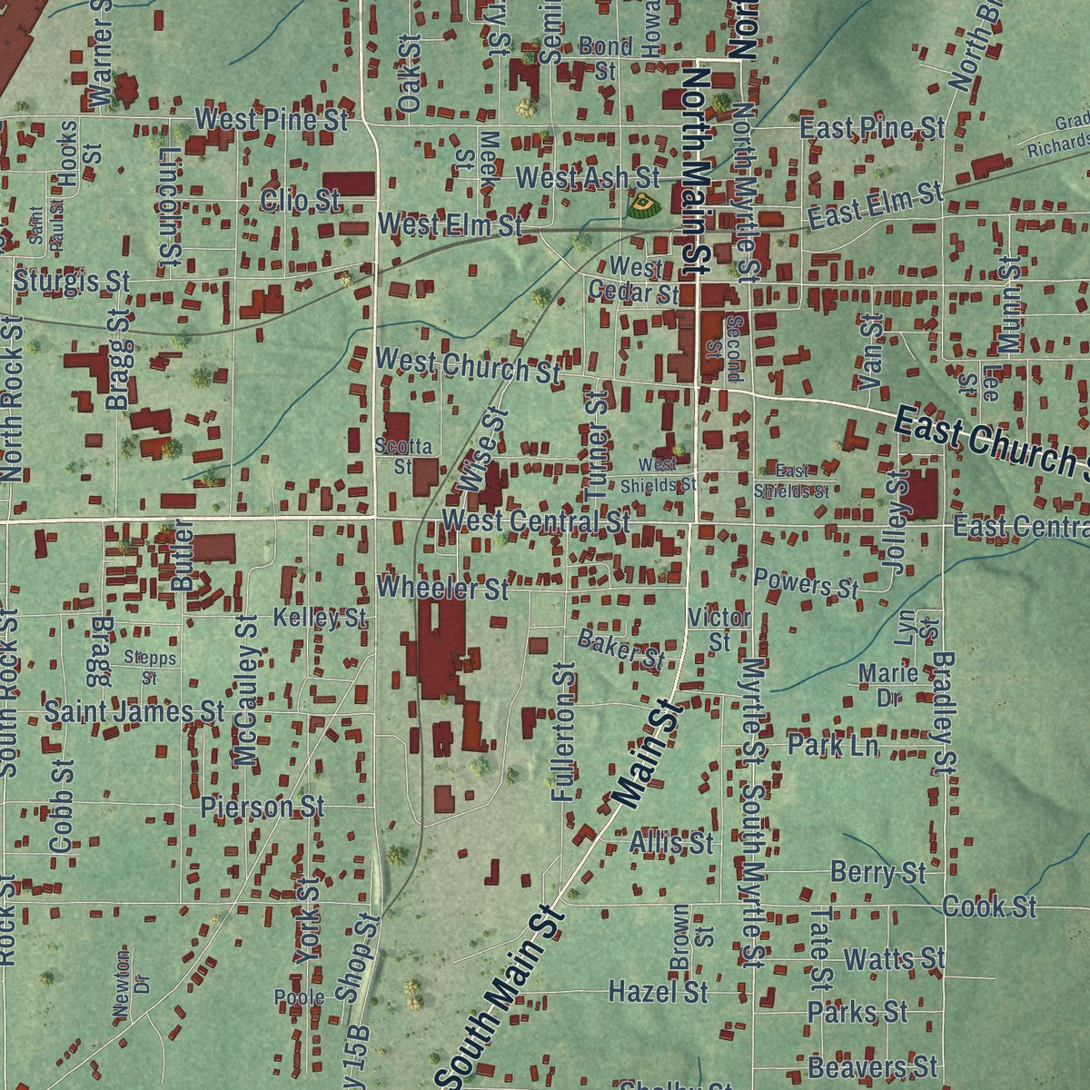 Close-up of the map of Warren, Arkansas print showing street and building detail
