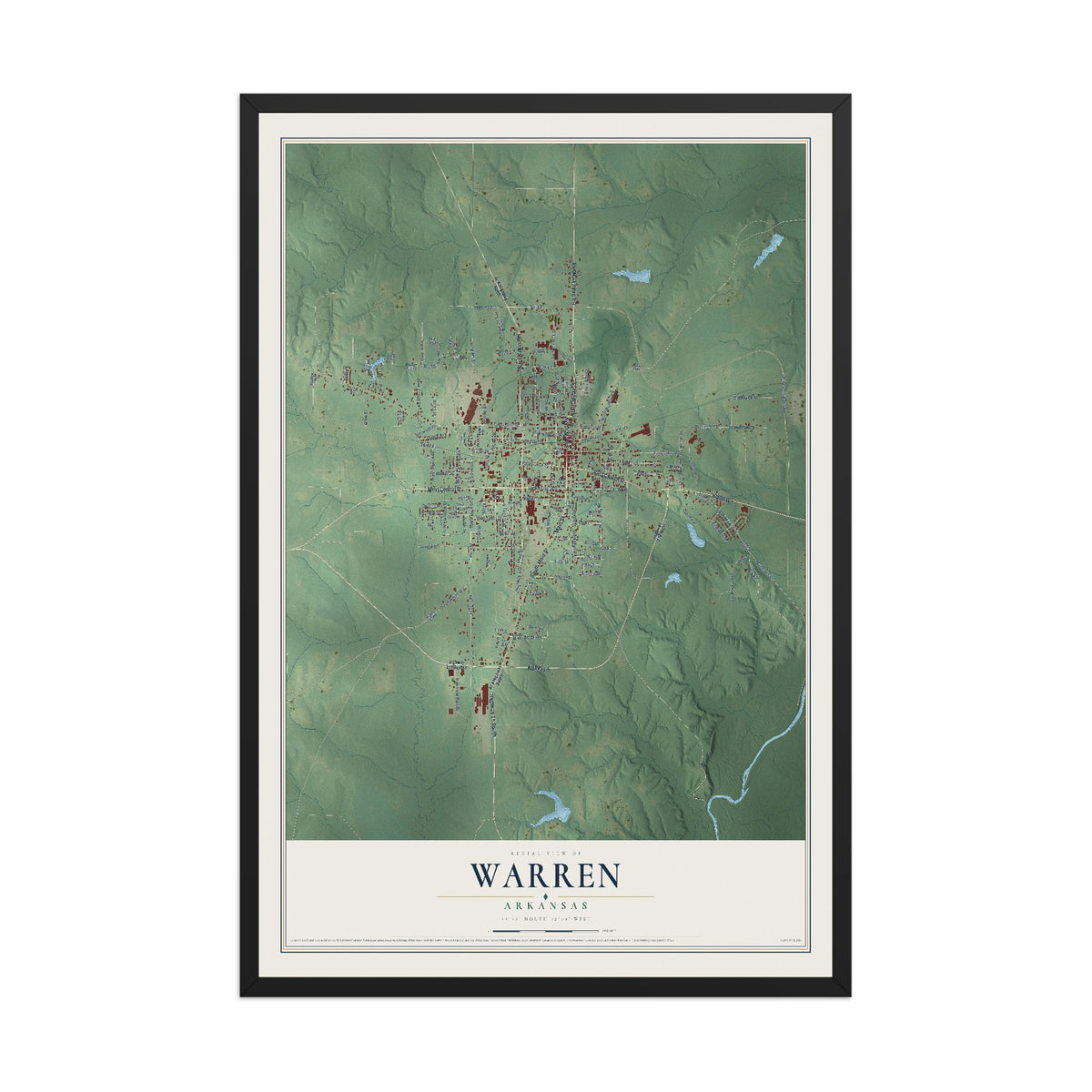Map of Warren, Arkansas, 12 x 18 inch print in a black wood frame