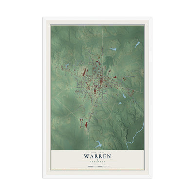 Map of Warren, Arkansas, 12 x 18 inch print in a white wood frame
