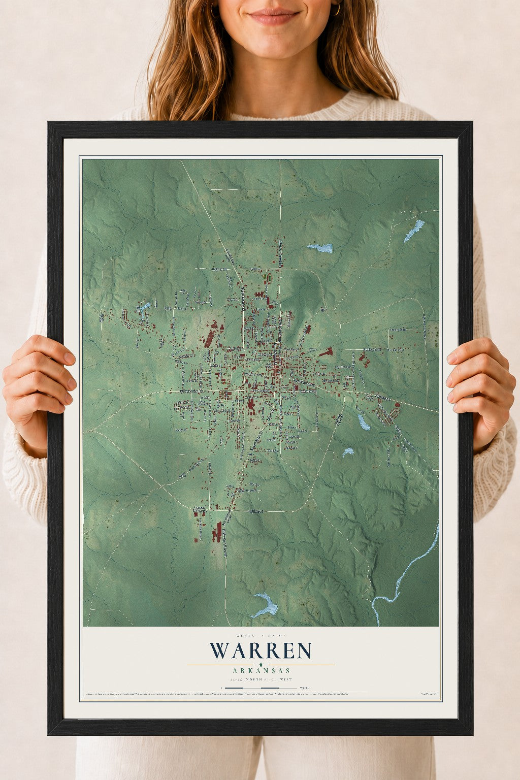 Map of Warren, Arkansas, 18 x 24 inch print in a black wood frame