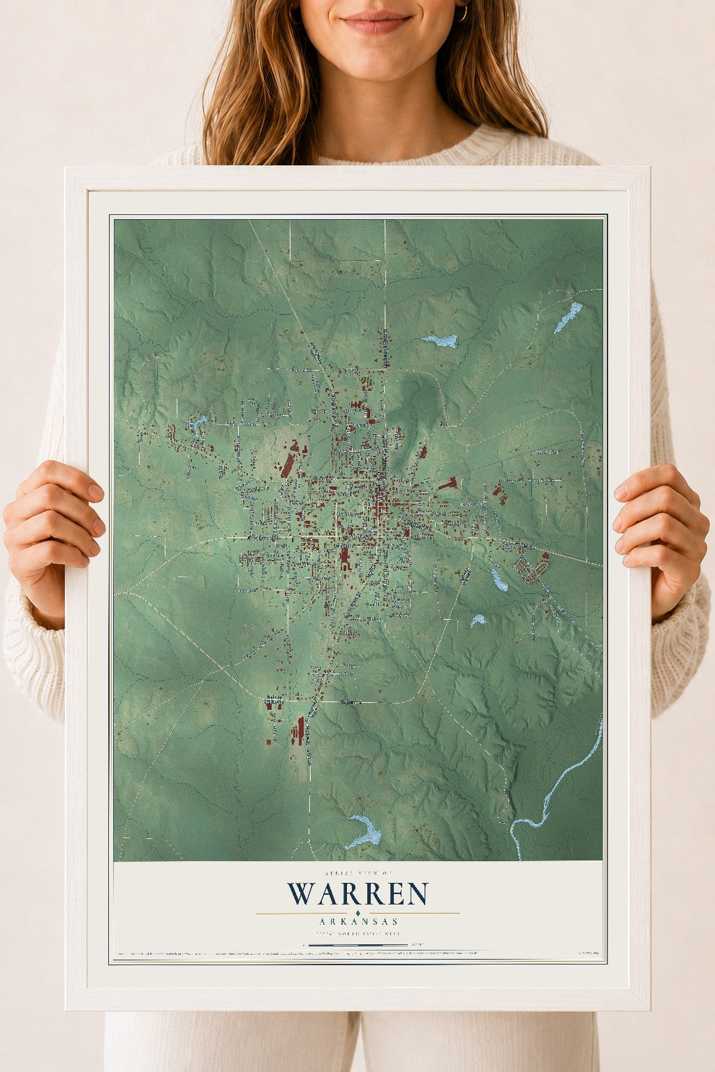 Map of Warren, Arkansas, 18 x 24 inch print in a white wood frame