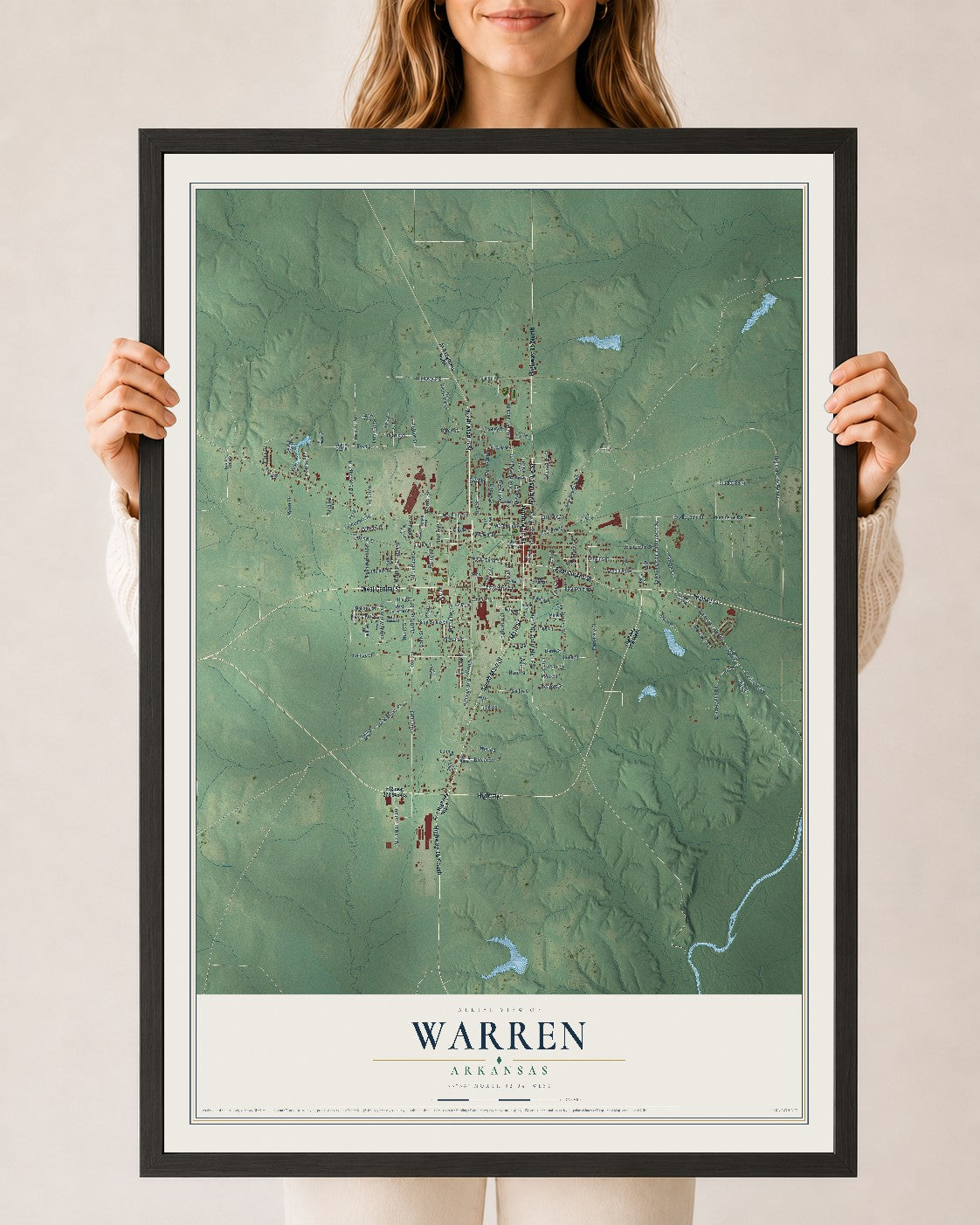 Map of Warren, Arkansas, 24 x 36 inch print in a black wood frame