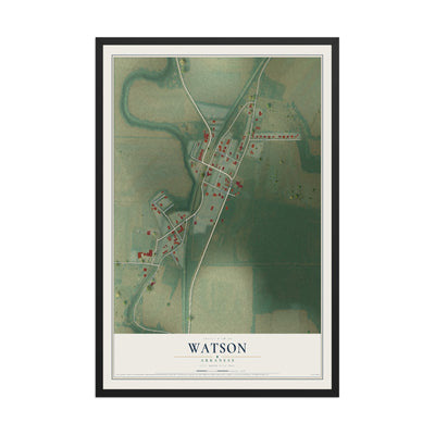 Map of Watson, Arkansas, 12 x 18 inch print in a black wood frame