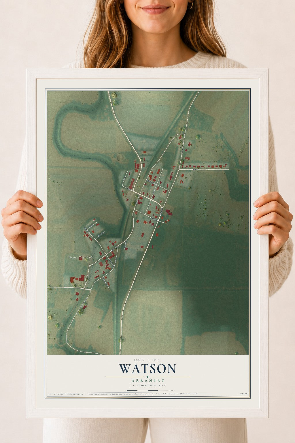 Map of Watson, Arkansas, 18 x 24 inch print in a white wood frame