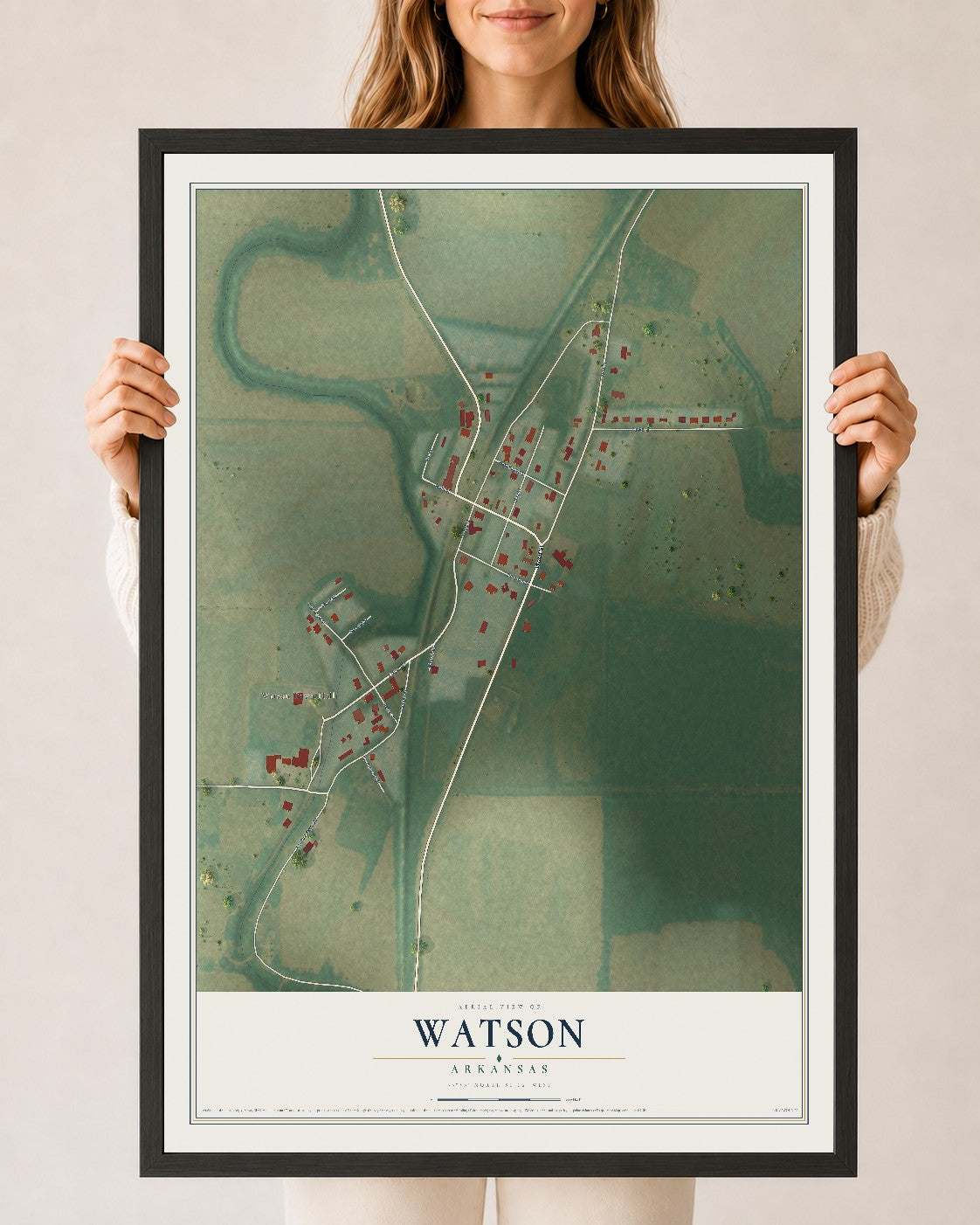 Map of Watson, Arkansas, 24 x 36 inch print in a black wood frame