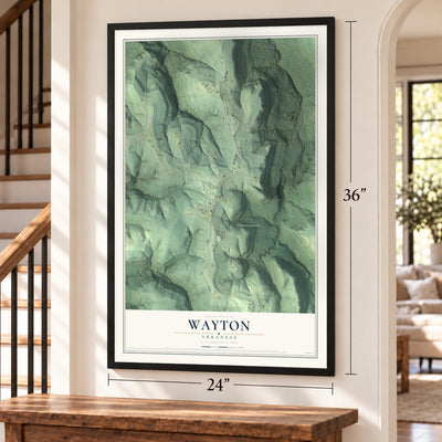 Wayton, Arkansas map, 24 x 36 inch print in a black frame by a staircase