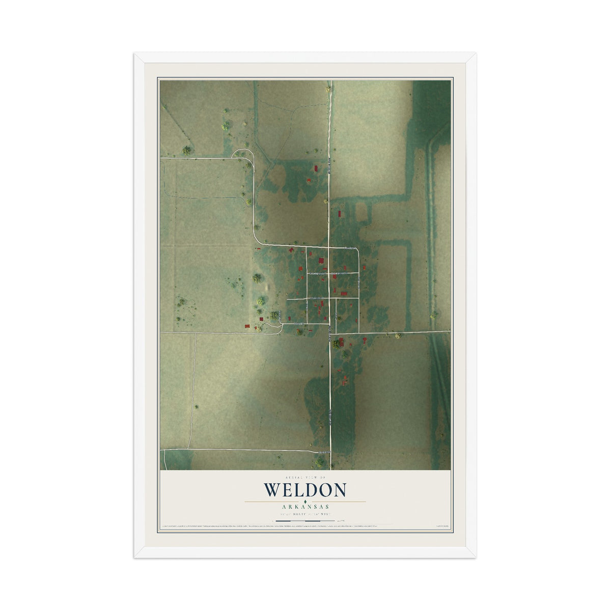 Map of Weldon, Arkansas, 12 x 18 inch print in a white wood frame