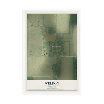 Map of Weldon, Arkansas, 12 x 18 inch print in a white wood frame