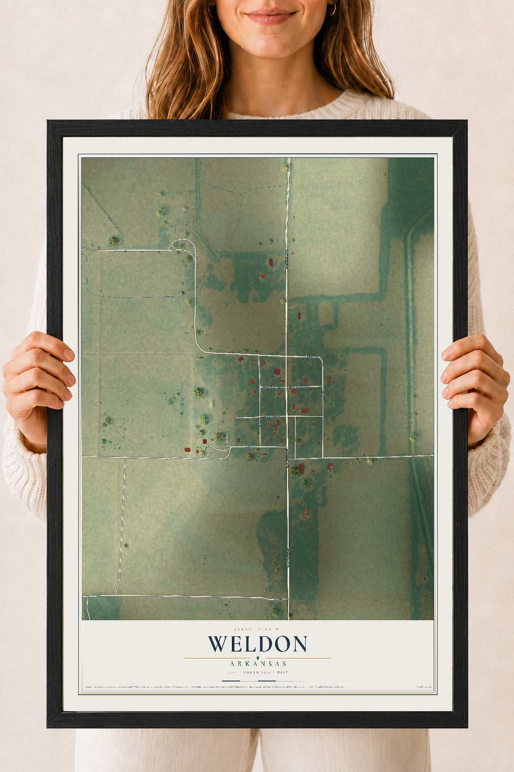 Map of Weldon, Arkansas, 18 x 24 inch print in a black wood frame