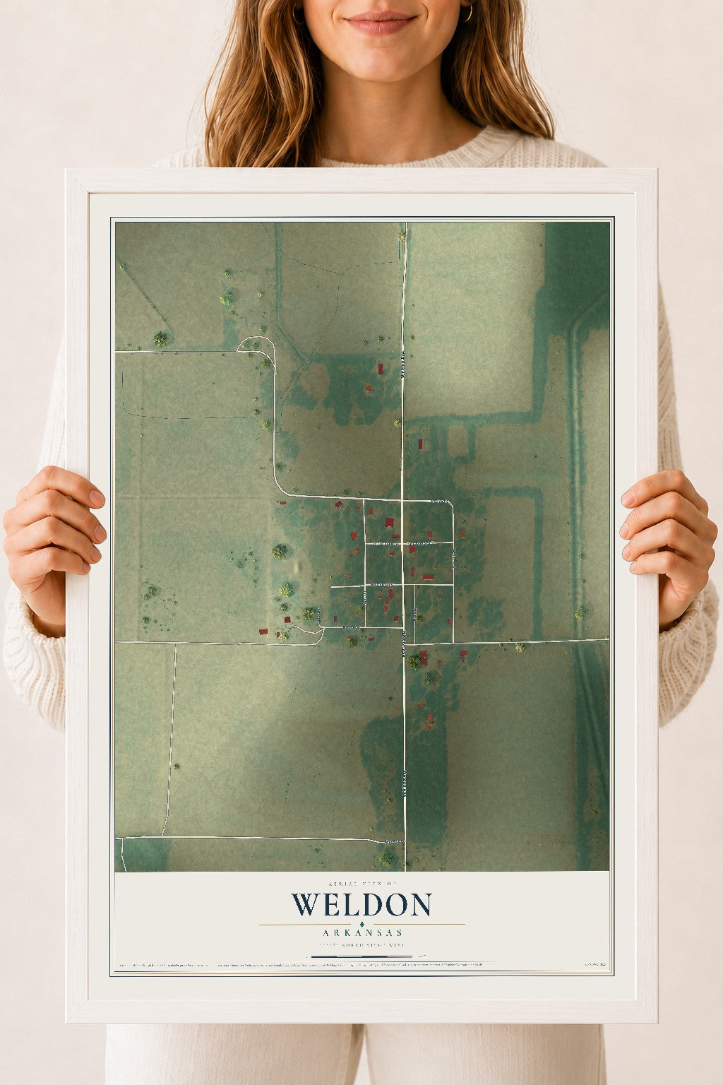 Map of Weldon, Arkansas, 18 x 24 inch print in a white wood frame