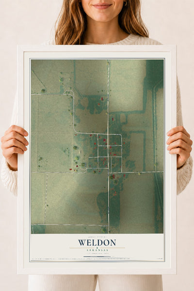Map of Weldon, Arkansas, 18 x 24 inch print in a white wood frame