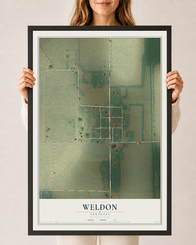Map of Weldon, Arkansas, 24 x 36 inch print in a black wood frame