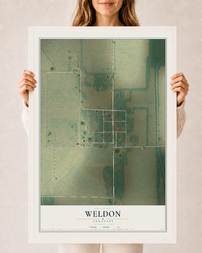 Map of Weldon, Arkansas, 24 x 36 inch print in a white wood frame