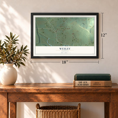 Wesley, Arkansas map, 12 x 18 inch print in a black frame in an entryway