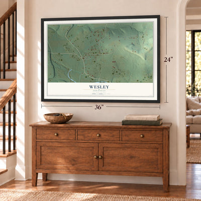 Wesley, Arkansas map, 24 x 36 inch print in a black frame above a dresser by a staircase