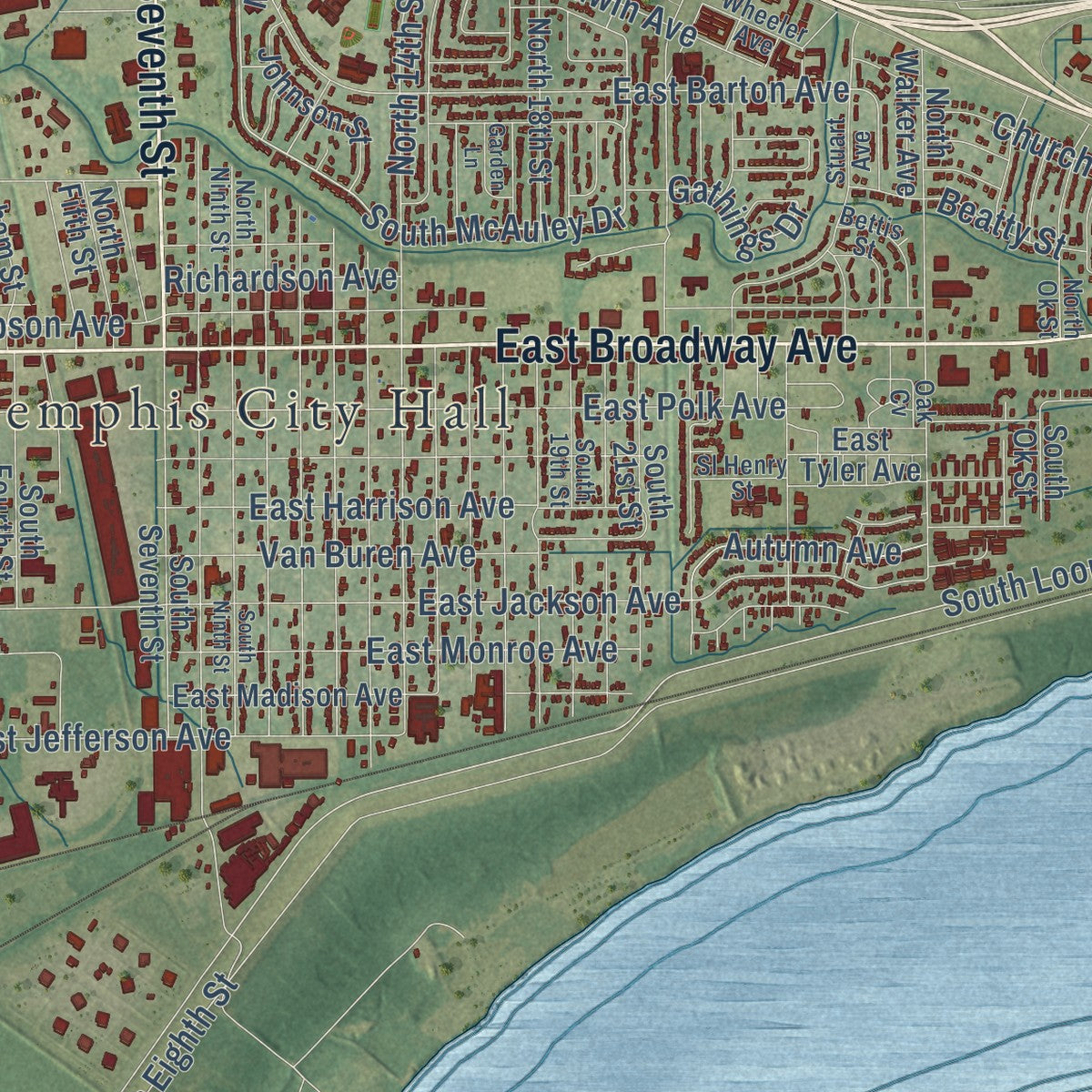 Close-up of the map of West Memphis, Arkansas print showing street and building detail