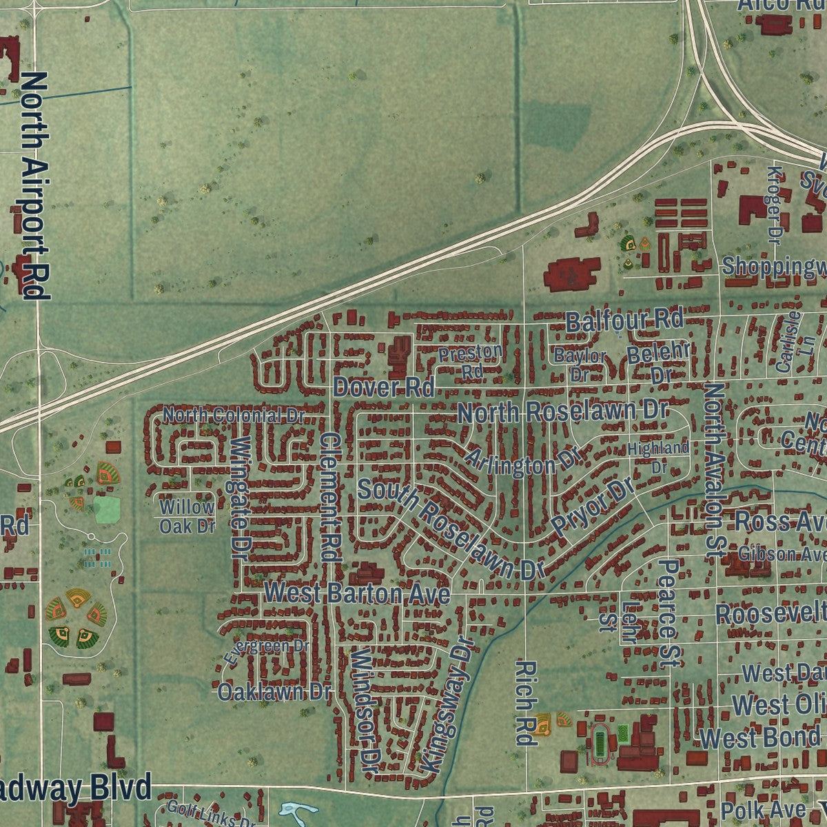 Second close-up of the map of West Memphis, Arkansas print showing more streets and buildings