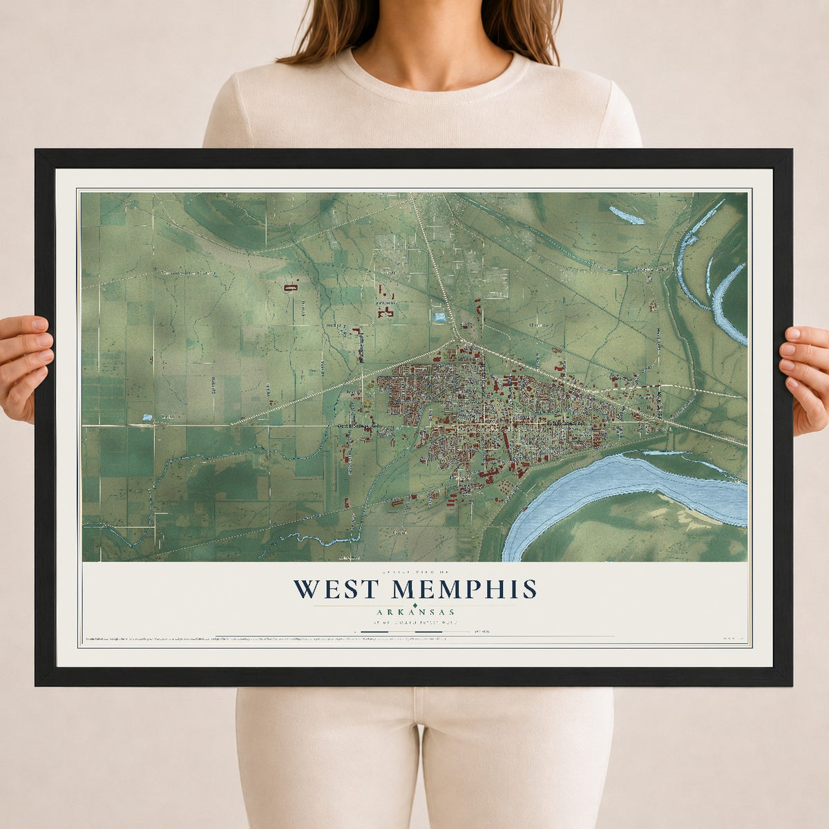 Map of West Memphis, Arkansas, 18 x 24 inch print in a black wood frame
