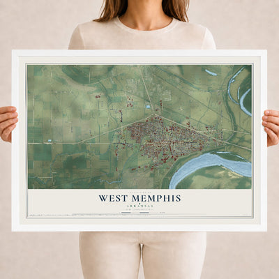 Map of West Memphis, Arkansas, 18 x 24 inch print in a white wood frame