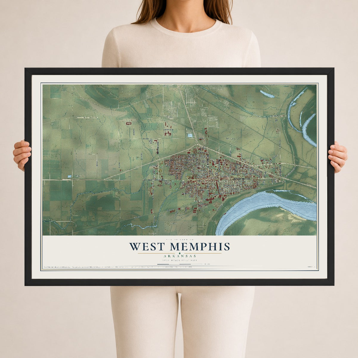 Map of West Memphis, Arkansas, 24 x 36 inch print in a black wood frame
