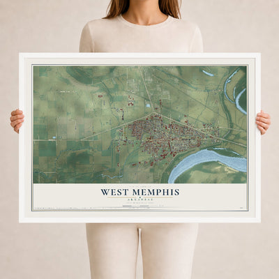 Map of West Memphis, Arkansas, 24 x 36 inch print in a white wood frame