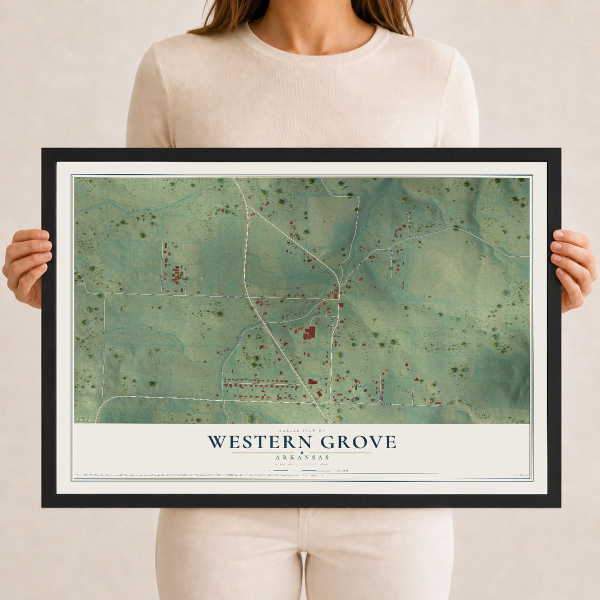 Map of Western Grove, Arkansas, 12 x 18 inch print in a black wood frame