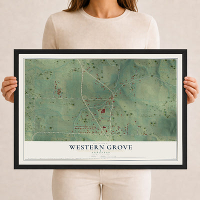 Map of Western Grove, Arkansas, 12 x 18 inch print in a black wood frame