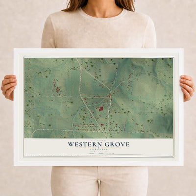 Map of Western Grove, Arkansas, 12 x 18 inch print in a white wood frame