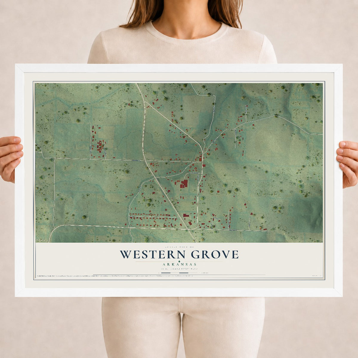 Map of Western Grove, Arkansas, 18 x 24 inch print in a white wood frame