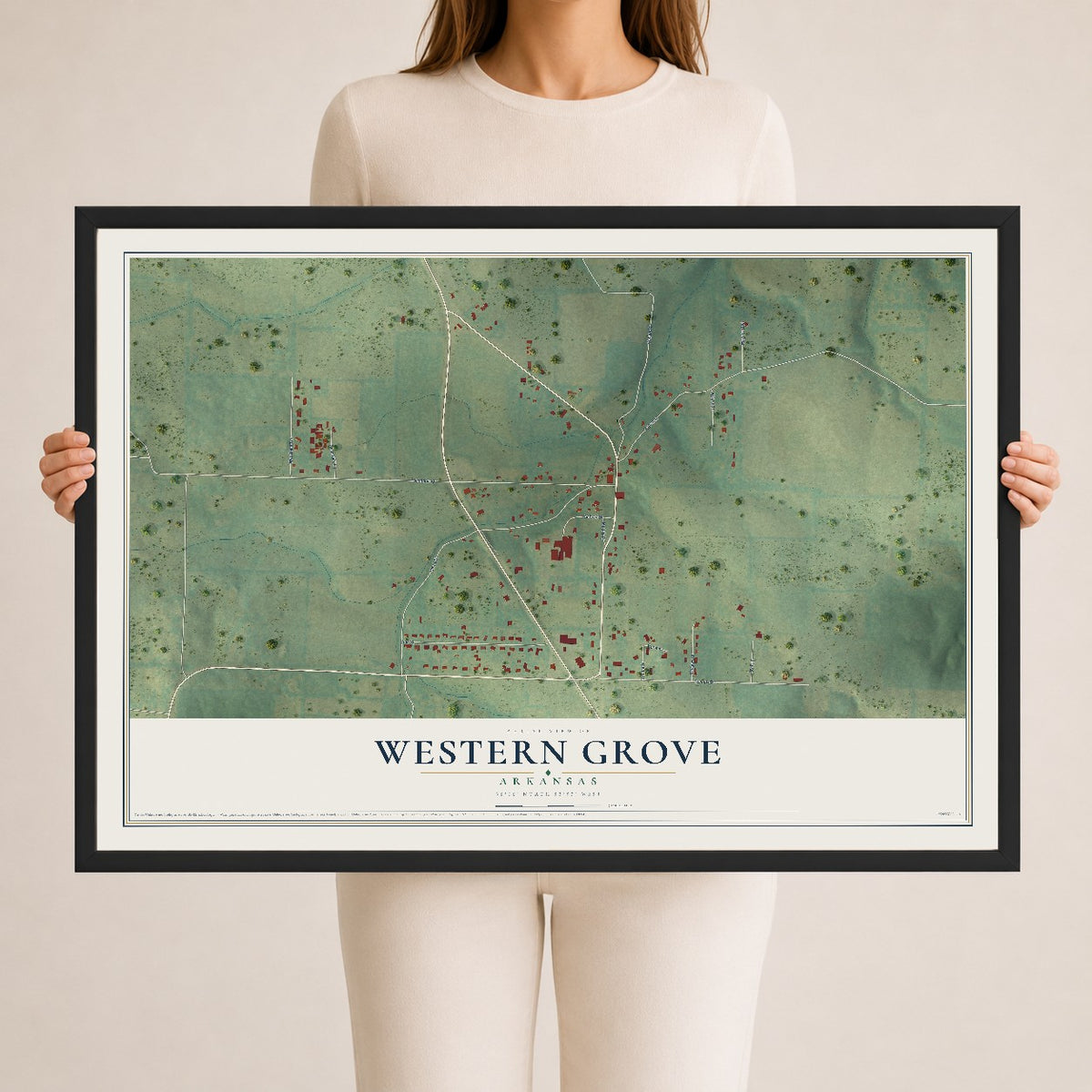 Map of Western Grove, Arkansas, 24 x 36 inch print in a black wood frame