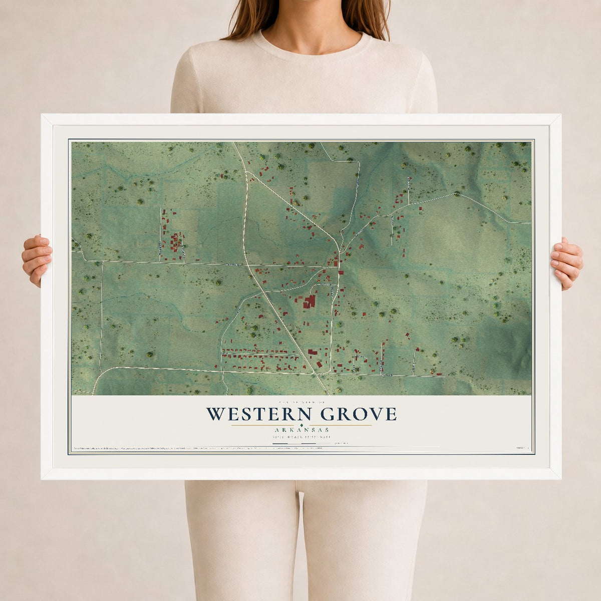 Map of Western Grove, Arkansas, 24 x 36 inch print in a white wood frame