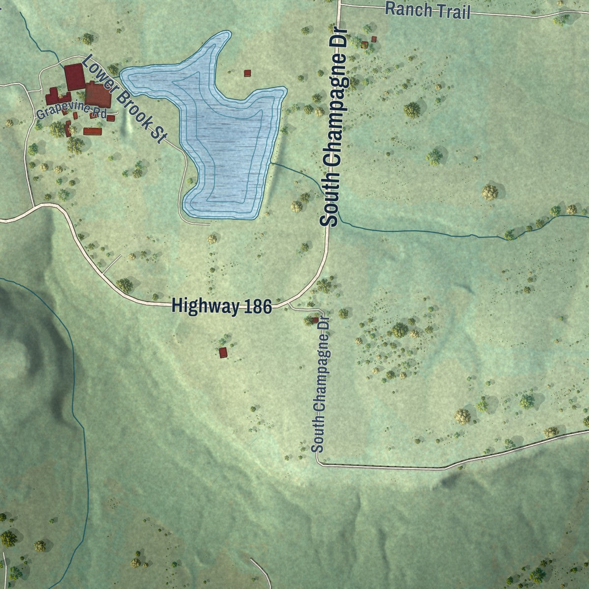 Close-up of the map of Wiederkehr Village, Arkansas print showing street and building detail