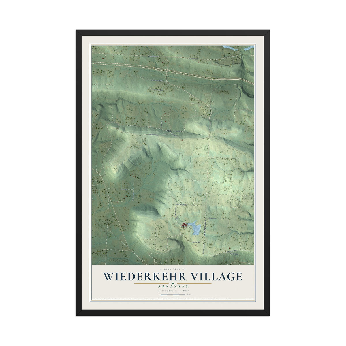 Map of Wiederkehr Village, Arkansas, 12 x 18 inch print in a black wood frame