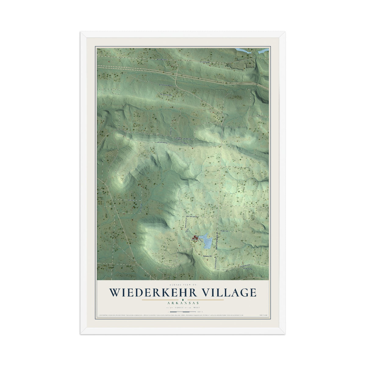 Map of Wiederkehr Village, Arkansas, 12 x 18 inch print in a white wood frame