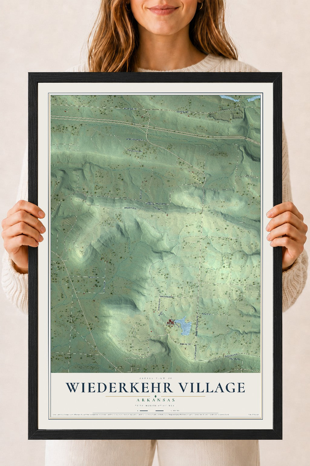 Map of Wiederkehr Village, Arkansas, 18 x 24 inch print in a black wood frame