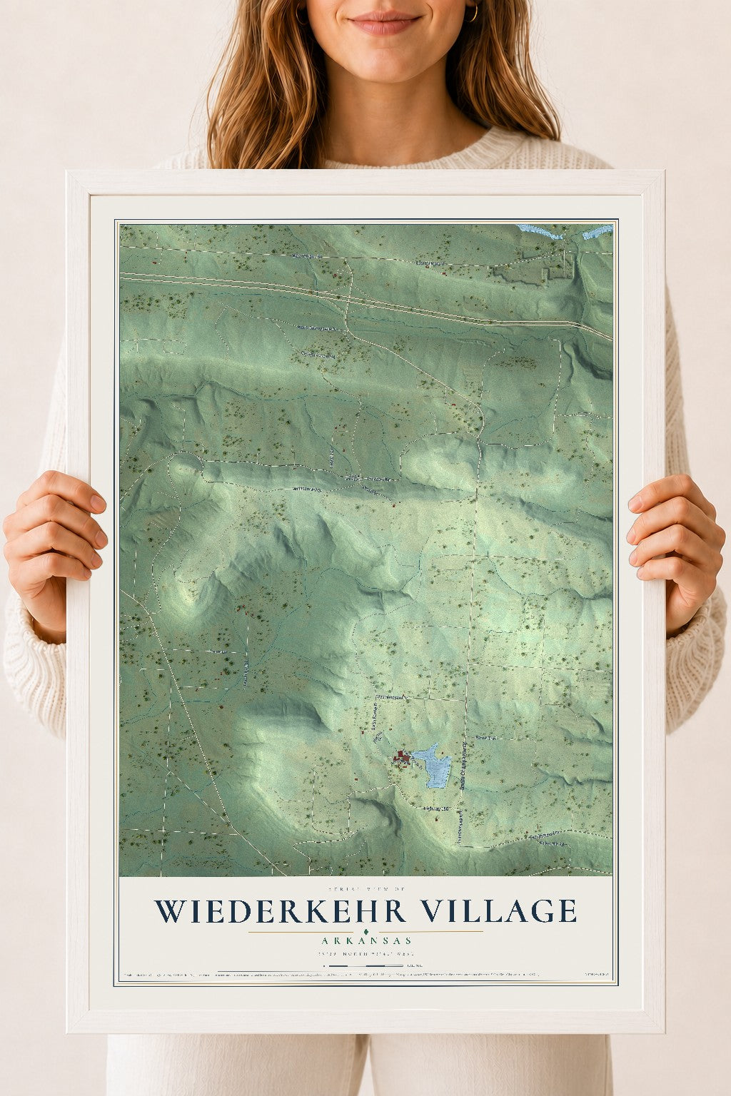 Map of Wiederkehr Village, Arkansas, 18 x 24 inch print in a white wood frame