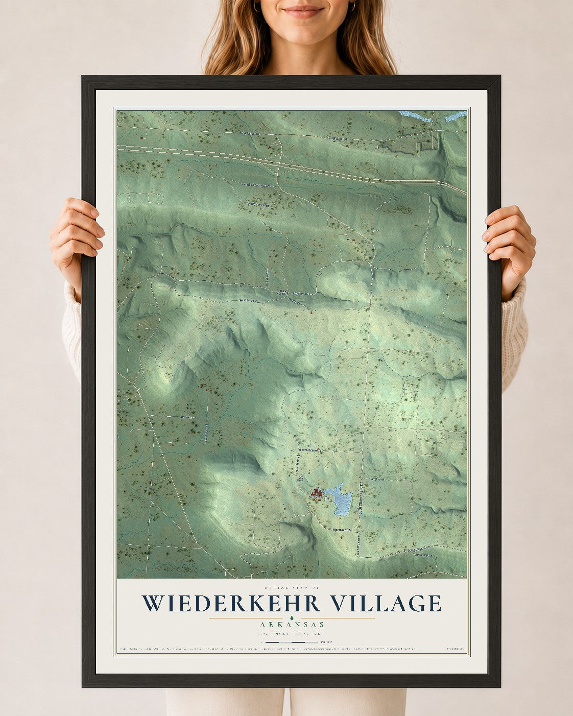 Map of Wiederkehr Village, Arkansas, 24 x 36 inch print in a black wood frame